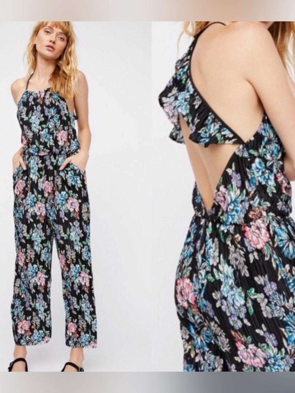 Free People Floral Pleated Jumpsuit | Open Back | Ruffle Straps | Size Medium